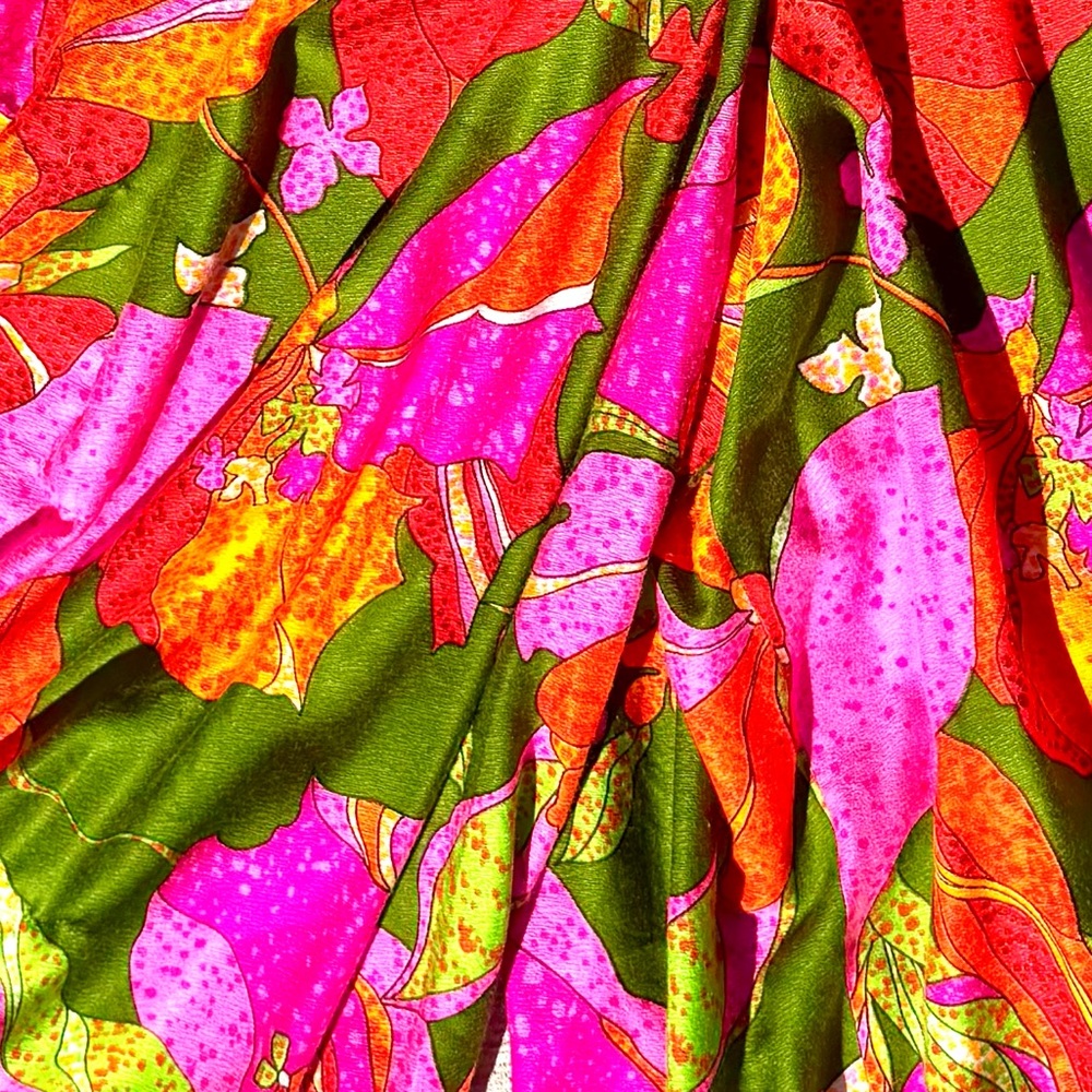 Vintage 70s Neon Barkcloth Floral Wide-Leg Palazzo Jumpsuit - Picture 3 of 4